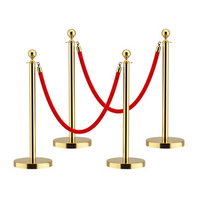 APRILSOUL Stainless Steel Gold Stanchions with Red Velvet Rope 5 ft. Crowd Control Barrier with Ball Top