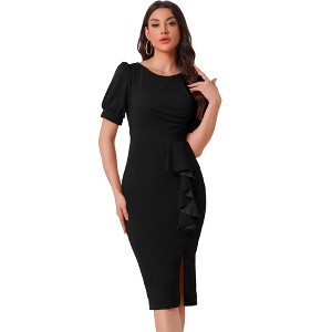 Allegra K Women's Summer Ruffle Puff Sleeve Slit Cocktail Party Bodycon Dress - 1 of 4