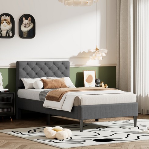 Twin Size Wood Upholstered Linen Platform Bed With Tufted Headboard ...