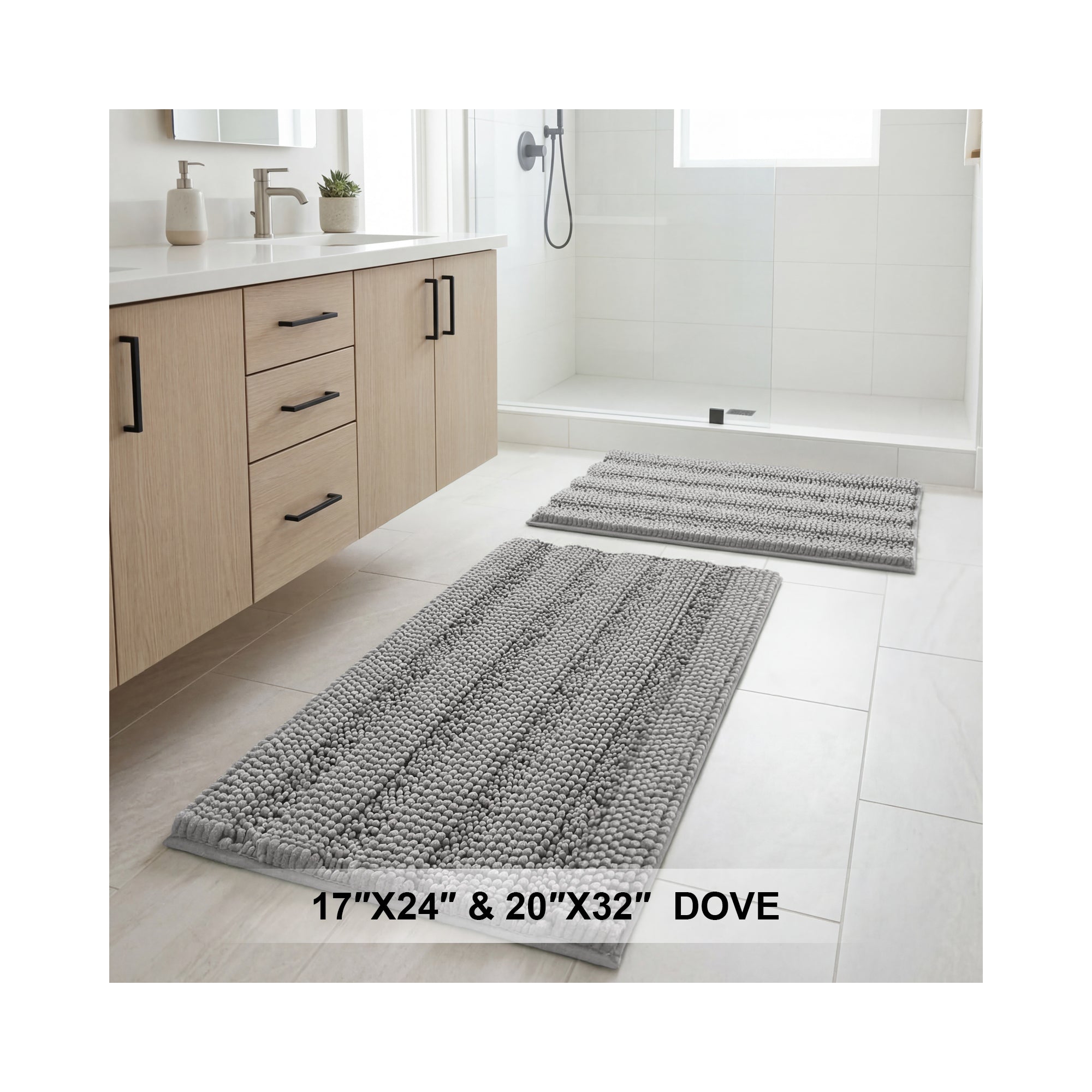 H.Versailtex 2 Pieces Extra Thick Chenille Striped Pattern Shaggy Bath Rugs Include 1 Rectangle and 1 Toilet Rug DOVE 32"x20"/24"x17"