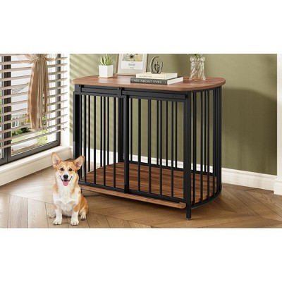 GO 31.5" Wooden Dog Crate: Furniture-Style End Table for Small-Medium Dogs. Double-Doors, Modern Indoor Kennel, Brown, Brown