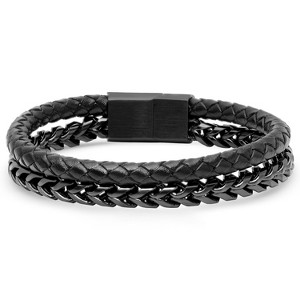 Steeltime Minoxia Men's double layered black leather and stainless steel franco chain link bracelet - 1 of 4