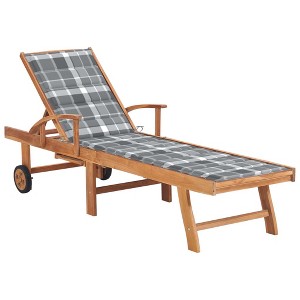 VidaXL Sun Lounger with Gray Check Pattern Cushion Solid Teak Wood - 1 of 4