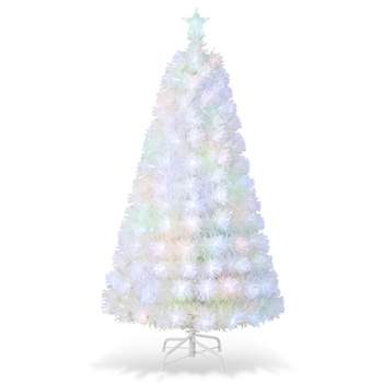 Tangkula 5/6/7FT Pre-lit Fiber Optic Christmas Tree White Snow-Flocked Artificial Xmas Tree with 170/220/270 Branch Tips