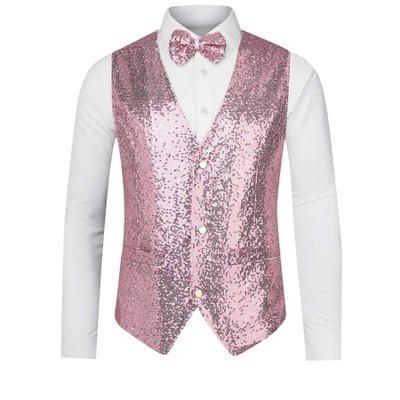 Lars Amadeus Men's Sequin Shiny Slim Fit Sleeveless Suit Waistcoat Set with Bow Tie