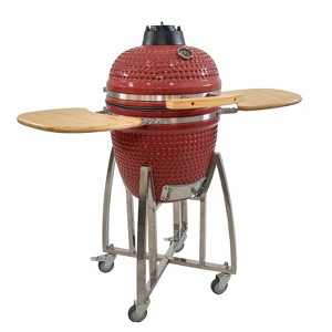 Sunnydaze Ceramic Charcoal Kamado Grill and Smoker with Side Tables and Wheels - 1 of 4