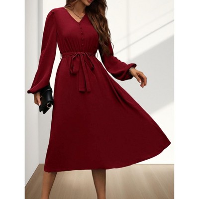 Women's V-Neck Dress Casual Lantern Sleeve Tie Waist Midi Dress