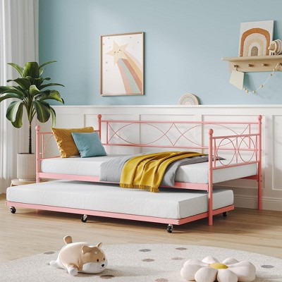 Whizmax Twin Bed with Pull Out Trundle, Metal Twin Daybed and Trundle Set, Day Bed Sofa Bed Frame with Steel Slat Support for Bedroom, Living Room
