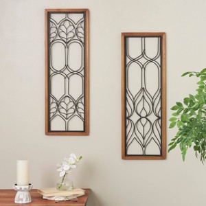Olivia & May Set of 2 Metal Geometric Wire Cutout Wall Decors: Beaded, Brown Wood Frames, Vertical Display - 1 of 4