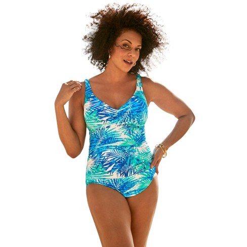  Green Floral Plus Size Sarong One Piece Swimsuit