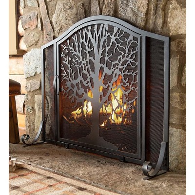 Plow & Hearth - Large Tree of Life Fireplace Metal Fire Screen with Door