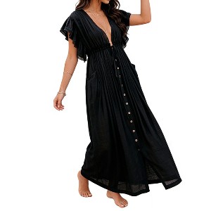 Women Deep V Neck Ruffle Short Sleeve Button Down Maxi Dress Flowy Beach  Cover Up Black : Target