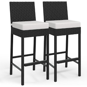 Patio Wicker Barstools With Cushions, Outdoor Rattan Bar Height Stool Set Armless - 1 of 4