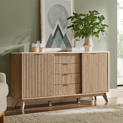 SinCiDo 60" Modern Fluted Dresser w/Sliding Doors & 4 Drawers, Faux Marble Top, Curved Profile Design for Bedroom, Living Room