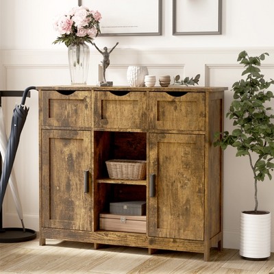 35" Sideboard Buffet Cabinet, Wooden Coffee Bar Cabinet with 3 Drawers, Accent Entryway Console Table, Floor Cupboard Cabinet for Kitchen