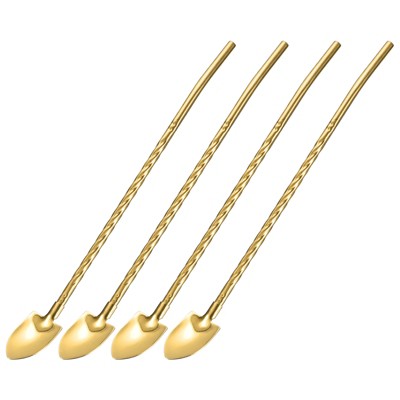 Unique Bargains Stainless Steel Reusable Long Handle Shovel Shaped Drinking Straws Spoon 4 Pcs