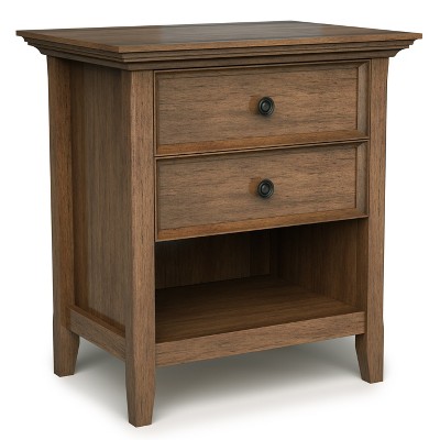 Vynxaria Transitional 2-Drawer Bedside Table - Rustic Natural Aged Brown (16"D x24"W x26"H), Solid Wood, NC Lacquer, Bronze Pulls, Open Storage