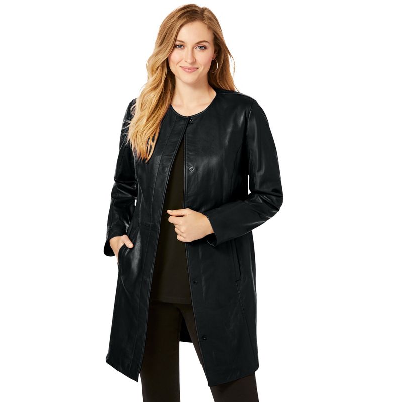 Jessica London Women's Plus Size Three Quarter Length Jacket Real Leather Oversized Long Coat, 1 of 2