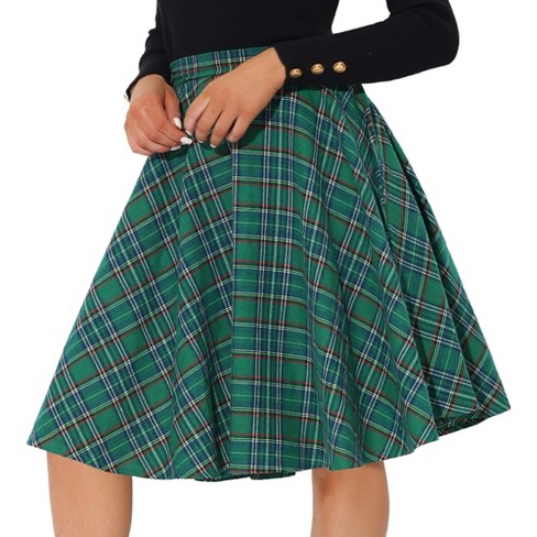 Allegra K Women's Plaid Tartan Skirt High Elastic Waist A-Line Vintage  Flare Skirt Green X-Small