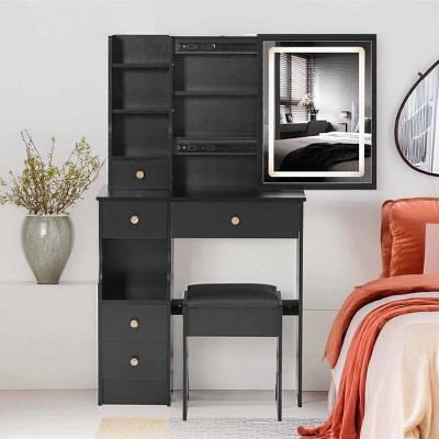 Small Size Left Drawer Makeup Vanity Desk With Cushioned Stool, Power Station, Makeup Table Set with Extra Large Touch Control Sliding LED Mirror