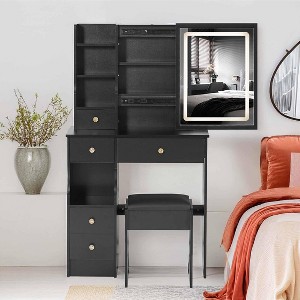 Small Size Left Drawer Makeup Vanity Desk With Cushioned Stool, Power Station, Makeup Table Set with Extra Large Touch Control Sliding LED Mirror - 1 of 4