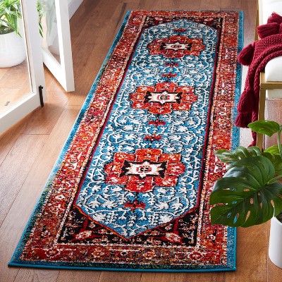 Vintage Red and Blue Synthetic Persian Runner Rug