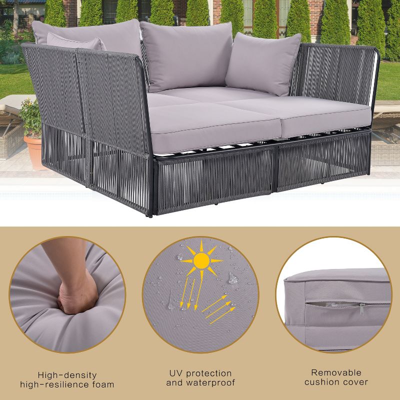 2 PCS Outdoor Sunbed Loveseat, Patio Daybed Double Chaise Lounger with Tempered Glass Coffee Table 4M -ModernLuxe, 4 of 15