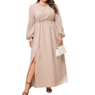 MISSKY Women Plus Size Maxi Dresses Long Lantern Sleeves Casual Wrap Split Dress
