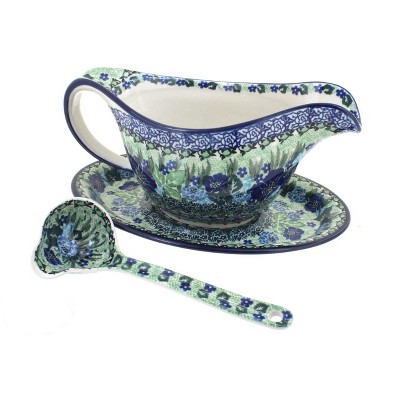 Blue Rose Polish Pottery Sapphire Fields Gravy Boat & Ladle