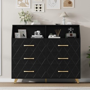 6 Drawer Dresser with LED Lights & Charging Station - Wooden Dresser for Bedroom, Modern TV Stand, Chest of Drawers for Closet, Hallway, Entryway - 1 of 4