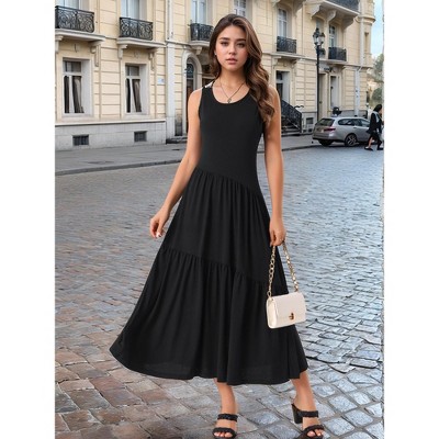 Женские платья INSPIRE CHIC Women's Summer Casual Sleeveless Crewneck Aline Flowy Tiered Maxi Long Beach Sundress Black Large — фото 2