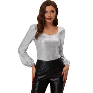 Allegra K Women's Scoop Neck Lantern Sleeve Shiny Metallic Glitter Tops - 1 of 4