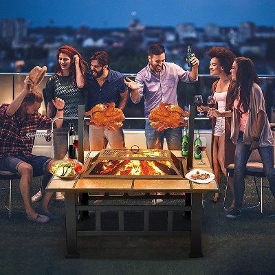 Large Black Wood-Burning Fire Pit Table with Grill
