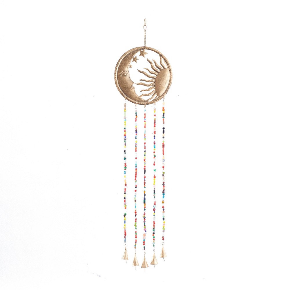 37" Iron Glam Moon and Sun Windchime with Beaded Strands Brass - Olivia & May: Luxury Style, Spot Clean, Yellow Decorative Bell