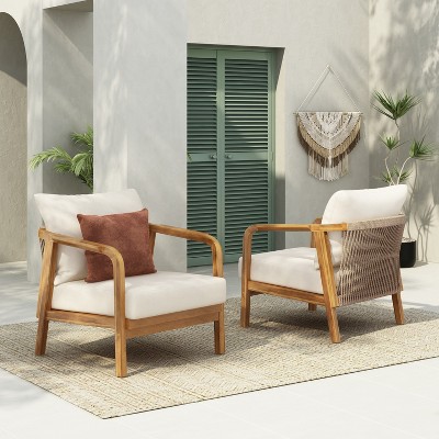 VYNXARIA Set of 2 28" Outdoor Lounge Chair with Woven Backrest, Solid Wood Frame, Comfortable Cushions, and Curved Armrests for Patio or Garden