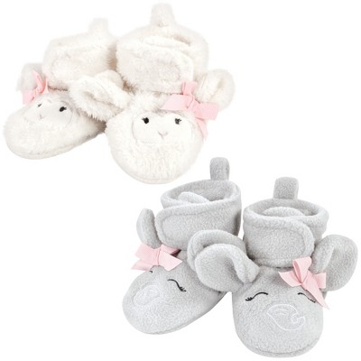 Hudson Baby Infant Girl Animal Fleece Booties 2-Pack, Gray Elephant Lamb, 0-6 Months