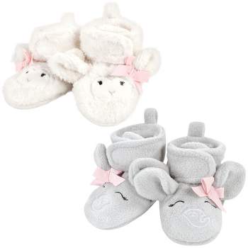 Hudson Baby Infant Girl Animal Fleece Booties 2-Pack, Gray Elephant Lamb