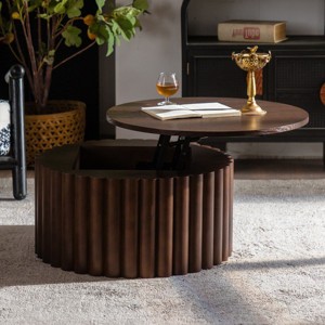 27" Round Lift Top Coffee Table with Storage, Handcrafted Relief Pedestal Wooden Tea Table, Modern MDF Living Room Center Table-Koiai - 1 of 4