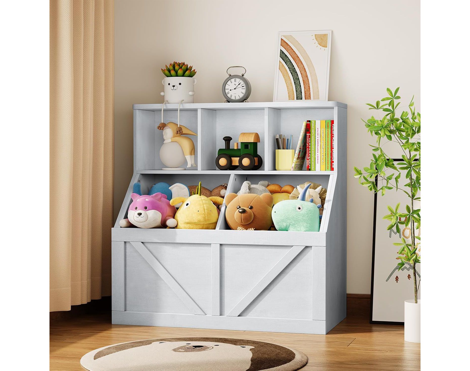 Acekool Kids Bookshelf and Toy Storage Organizer, Toy Cabinet with 3 Shelves, 2 Storage Boxes, for Playroom, Bedroom, Nursery, Vintage White