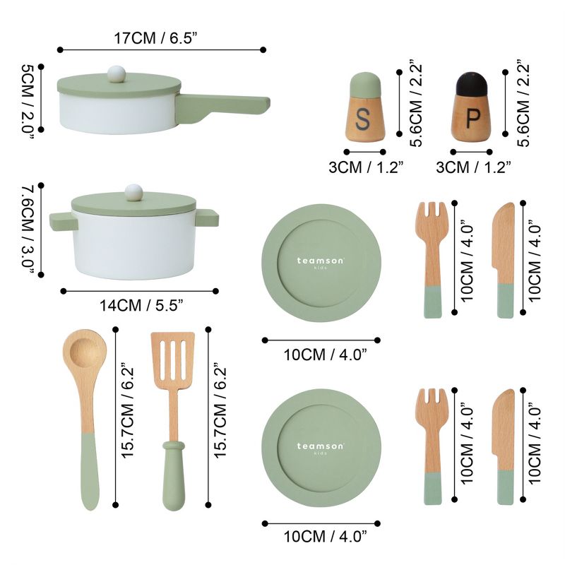 Teamson Kids Wooden Cookware play kitchen Toy accessories Green 14 pcs TK-W00009, 3 of 13
