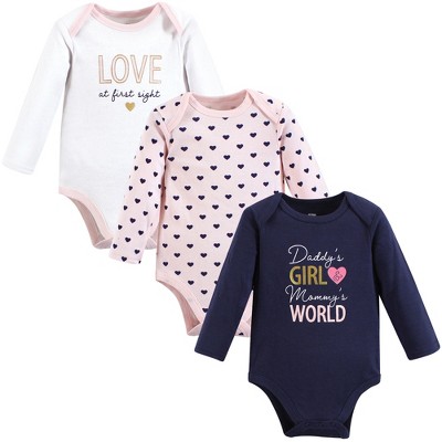 Image of Hudson Baby Infant Girl Cotton Long-Sleeve Bodysuits, Love At First Sight, 3-6 Months