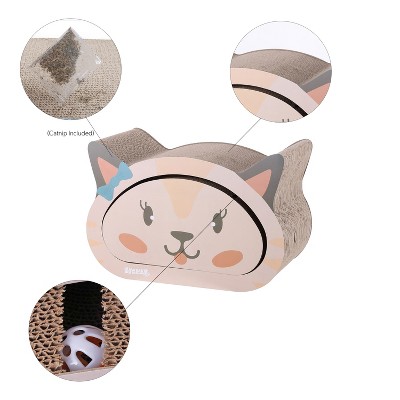Cream and Peach Cardboard Cat Head Cave Scratcher with Bell Toys