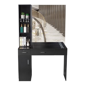 Karl Home Black Red Wall Mount Barber Station 2 Drawers 1 Storage Cabinet 3 Open Shelves with Mirror - 1 of 4