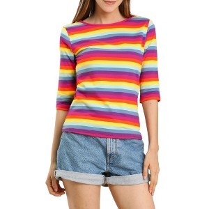 INSPIRE CHIC Women's Elbow Sleeves Boat Slim Fit Casual Stripe Animal Print Multi Floral Pattern T-Shirt - 1 of 4