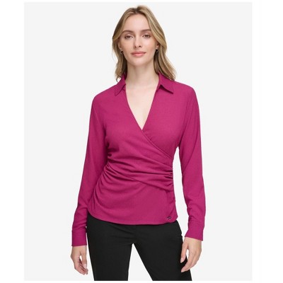Calvin Klein Womens Long Sleeve Faux Wrap Knit Blouse