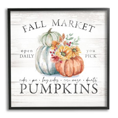 Stupell Industries Fall Market Pumpkins Rustic Country Sign Autumn Florals Black Framed Giclee Art