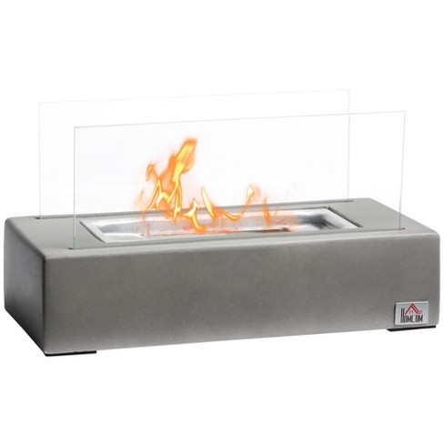 HOMCOM Tabletop Fireplace, 13 Concrete Alcohol Fireplace with Stainless Steel Lid for Indoor and Outdoor, 0.04 Gal Max 195 Sq. ft., Light Gray