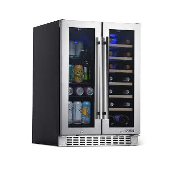 Newair 24" Built-in Dual Zone Refrigerator 18 Bottle and 58 Can French Door Wine and Beverage Fridge in Stainless Steel, Drinks and Wine Cooler