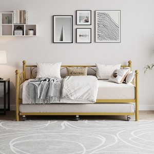 TROPOW Gold Daybed with Trundle Bed, Twin Size Metal Day Bed with Floral Headboard, Modern Metal SOFE Bed Frame with Pull-Out Trundle - 1 of 4
