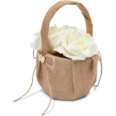 Sparkle and Bash Burlap Double Hearts with Bowknot Rustic Flower Girl Basket for Wedding Party Supplies, 5" x 8.7"